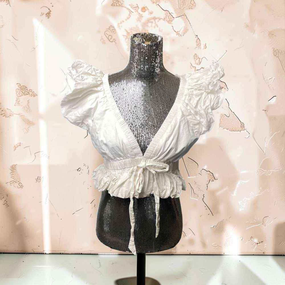 Free People White Ruffle Crop Top Puff Sleeve Tie Front Peasant Blouse Medium